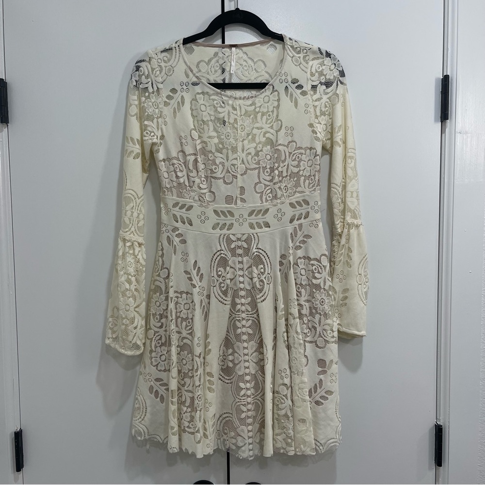 Free People Cream Lace Long Sleeve Fit-and-Flare Dress